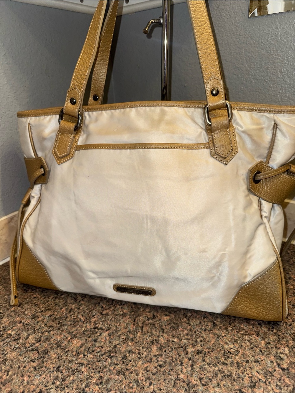 Burberry Cream satin shoulder bag with gold leather trim EUC